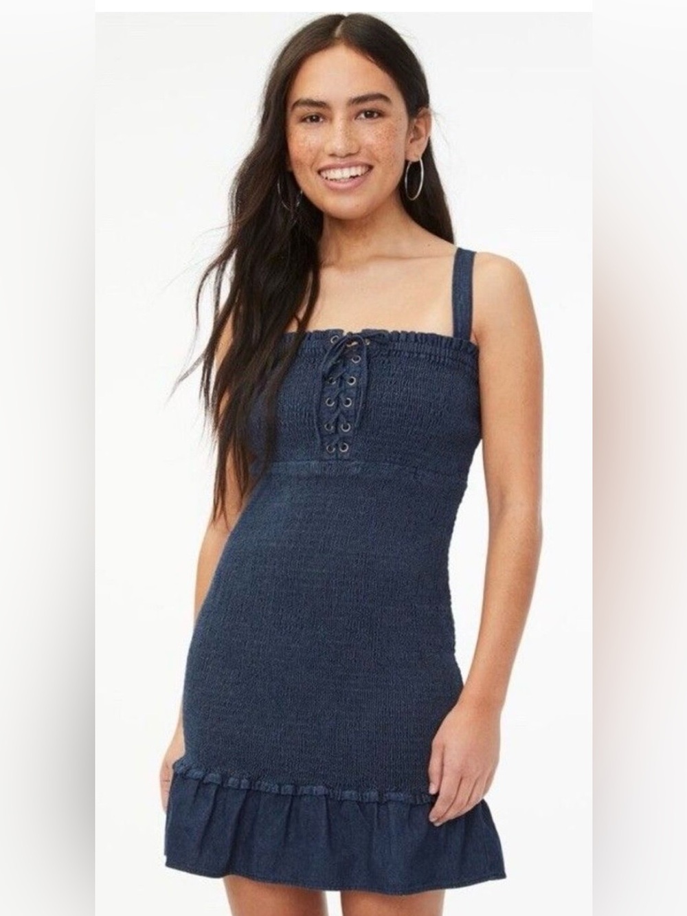 Aeropostale Denim Dress Small Smocked Bodycon Lace-up Straps Stretch Cotton